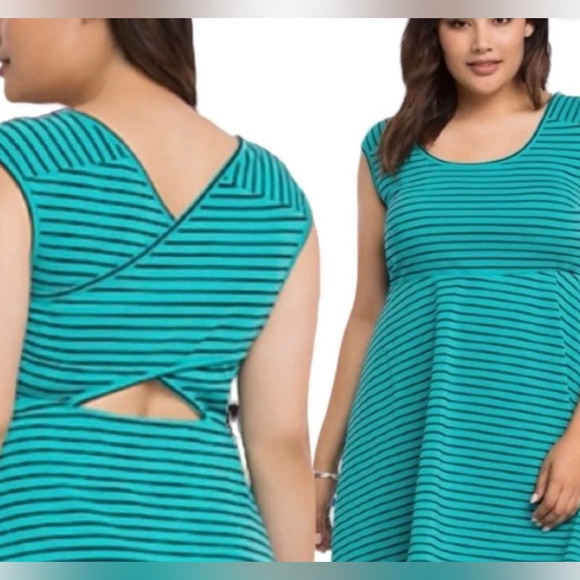 Torrid Black & Teal Textured Striped Skater Dress size 3 Cross Back Open - Picture 15 of 15